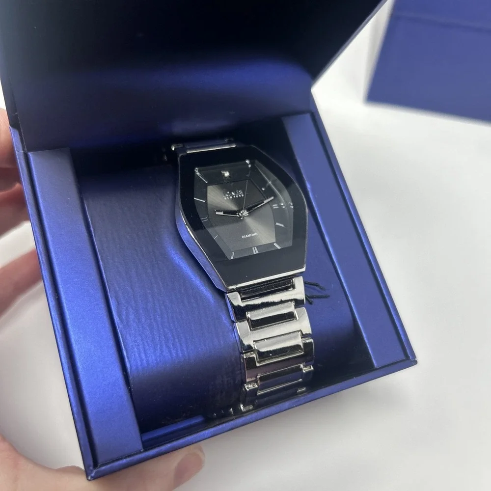 NIB Jones New York Diamond Men's Watch Silver Tone Black Face